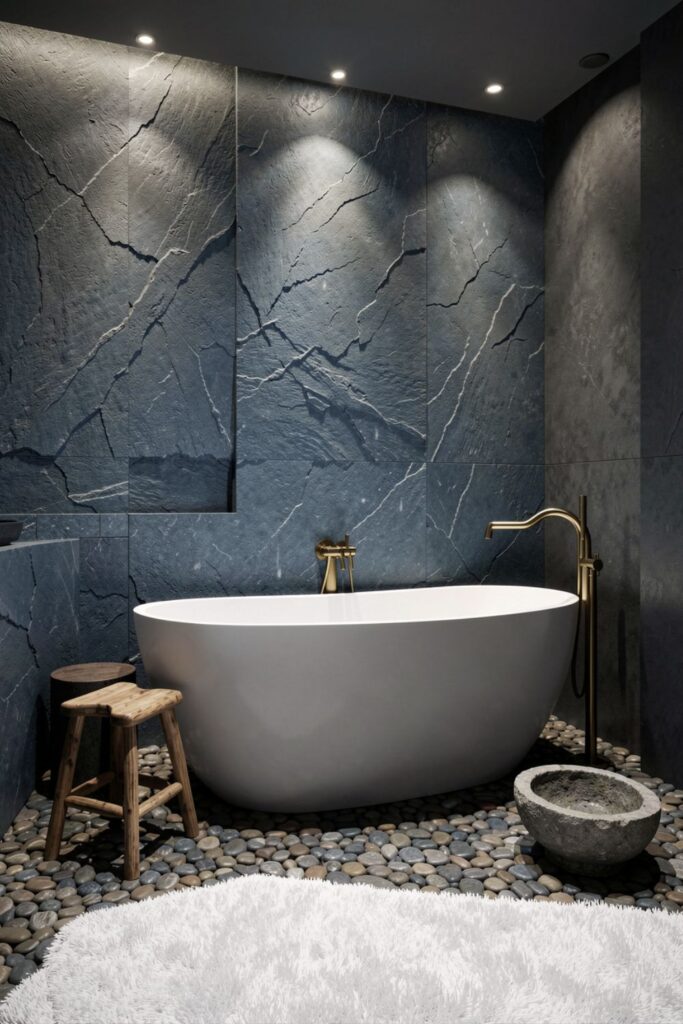 Blue Slate Sink Wall With Gold Floor-Mount Tub Filler