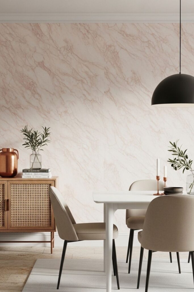 Blush Marble Wallpaper with Copper Pendant and Cane Sideboard