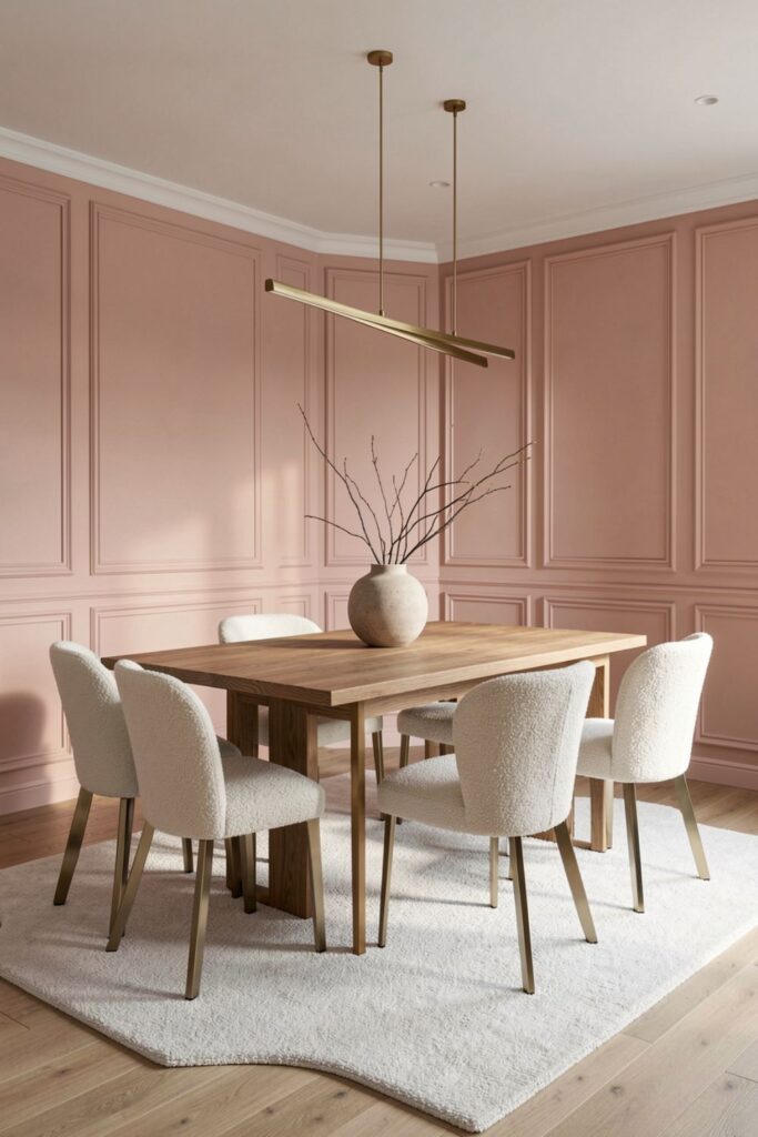Blush Wall Paneling with Brass Linear Pendant and Bouclé Chairs