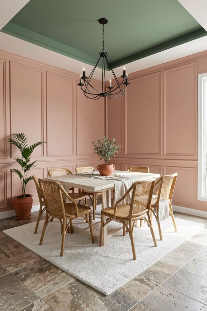 Blush and Sage Mix with Rattan Chairs and Iron Chandelier