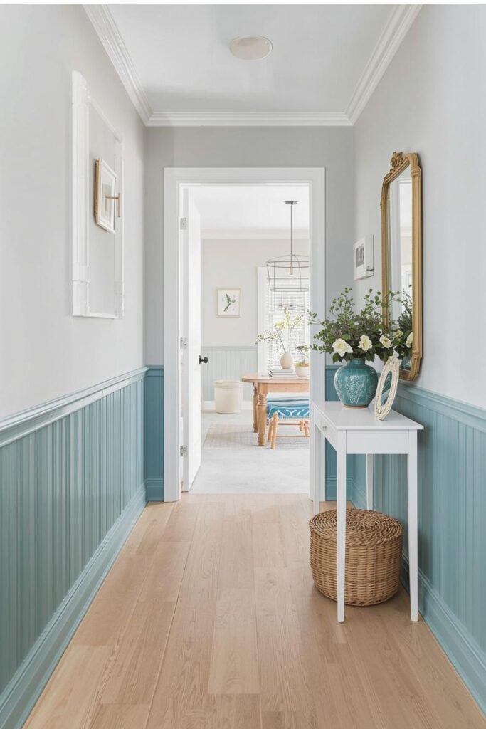 Bright Beach House Entryway with Teal Wainscoting and White Trim