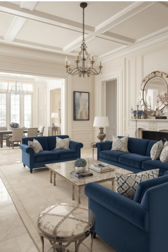 Bright Luxury Living Room with Blue Velvet and Cream Walls