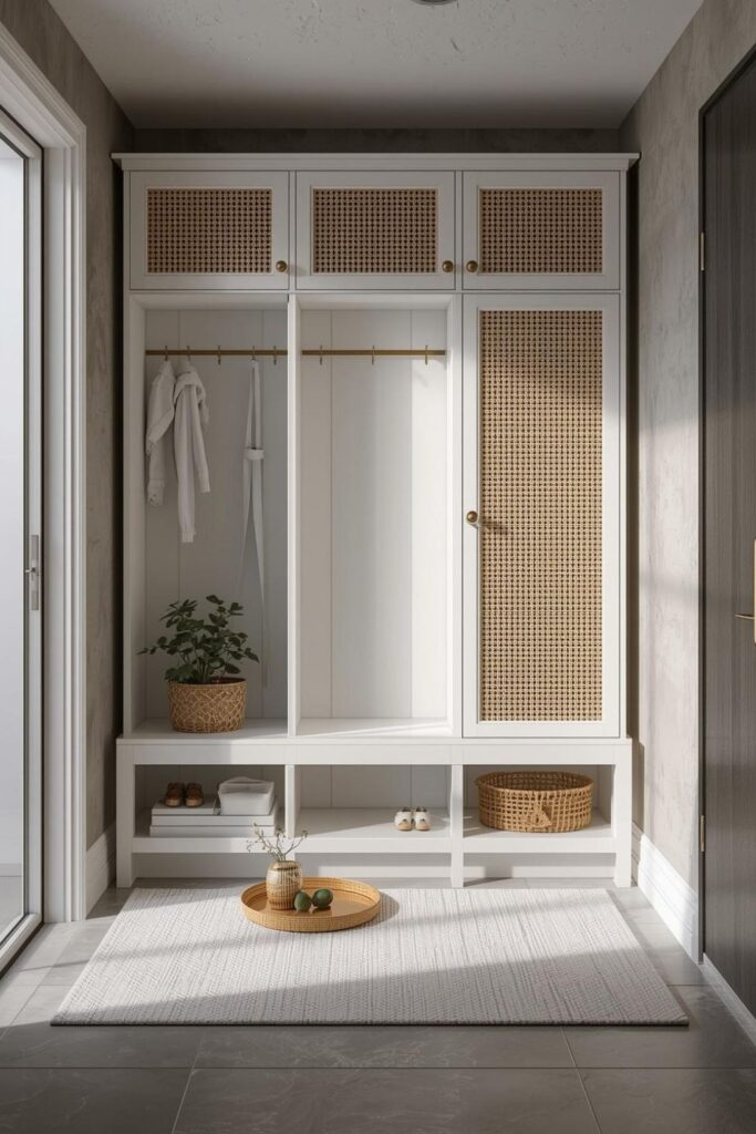 Bright White Cabinet With Cane Doors And Hidden Drawers