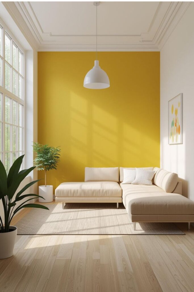Bright Yellow Accent Wall Living Room with Neutral Sectional Balance