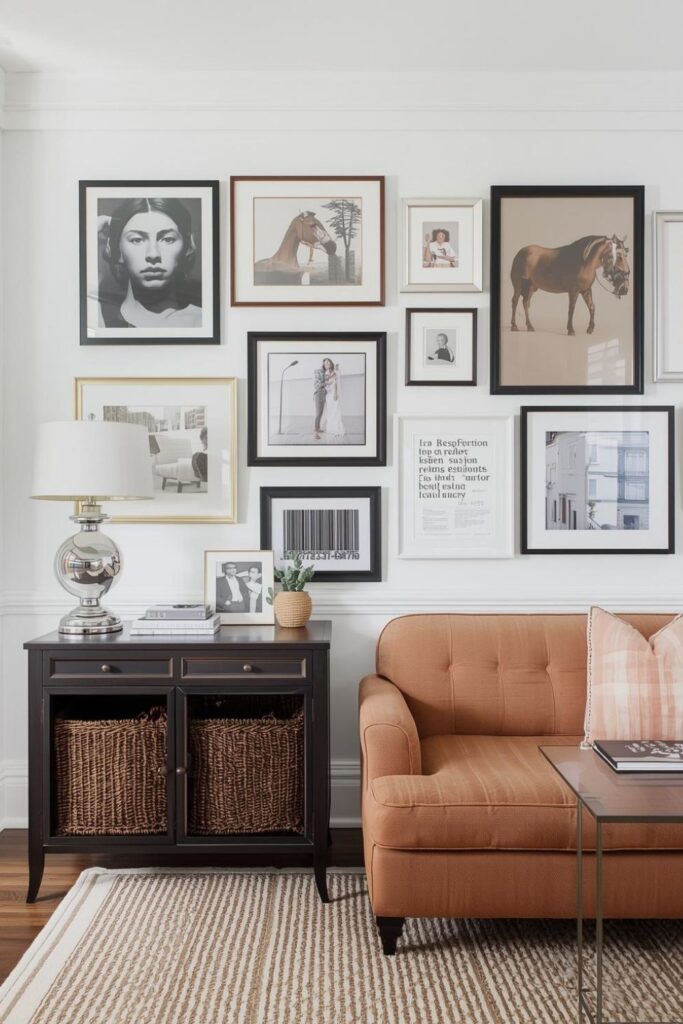 Budget Living Room with Thrifted Look Console and Gallery Grid