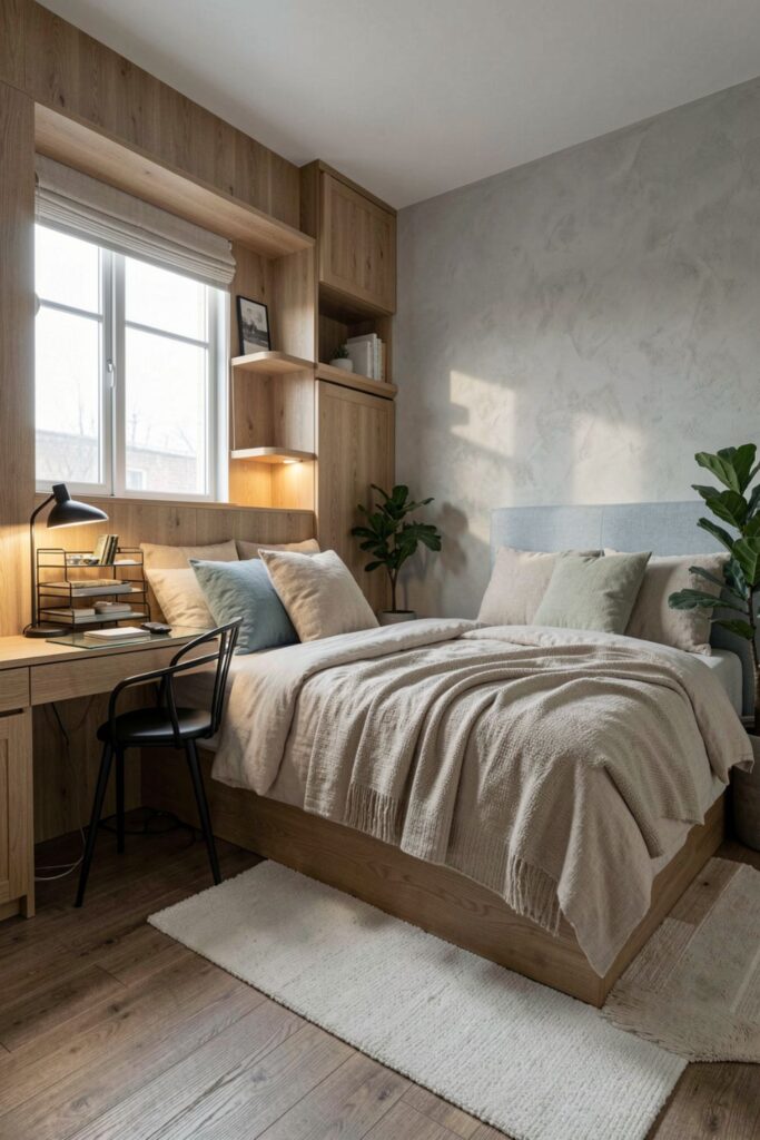 Built-In Bed With Headboard Shelves and Window Desk Placement