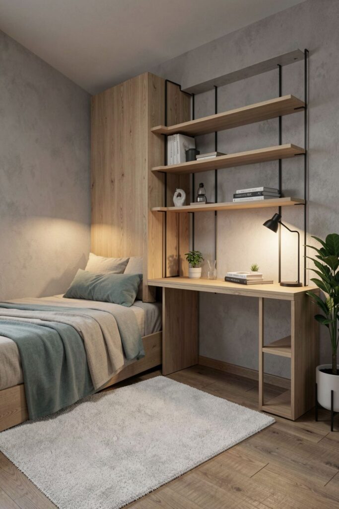 Built-In Corner Bed With L-Shaped Desk and Open Shelving