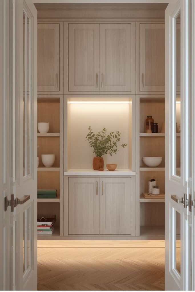 Built-In Pantry Cabinets With Open Shelf Nook for Daily Favorites
