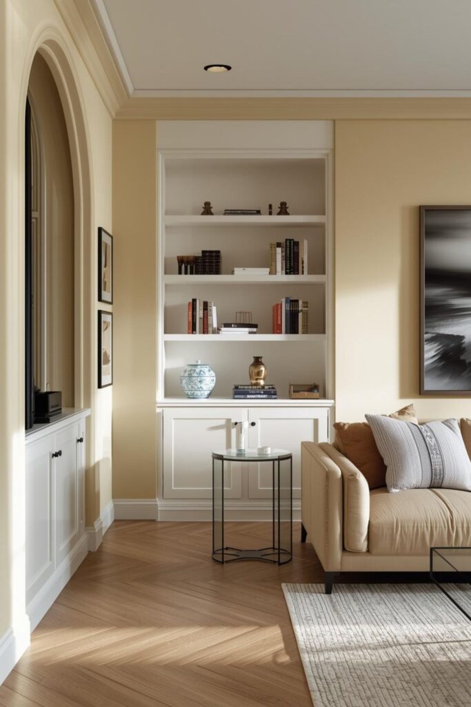  Buttercream Yellow With White Built-Ins and Soft Contrast