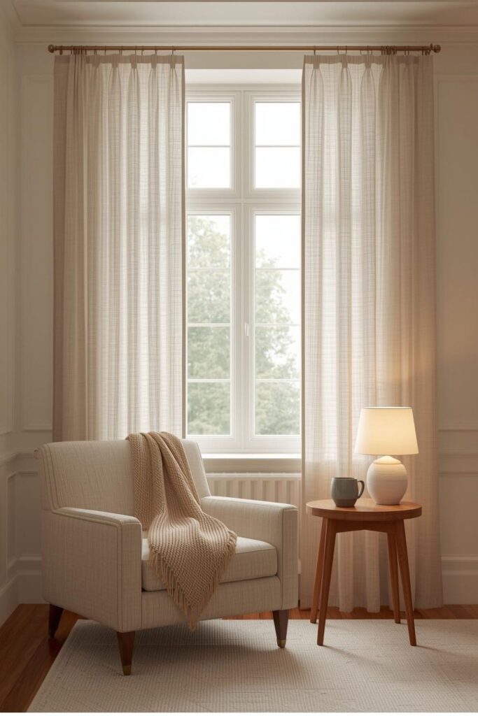 Cafe Curtains in the Living Room for Soft Privacy
