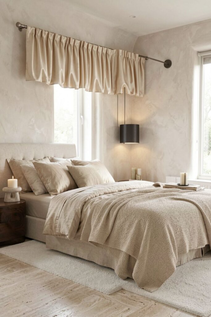 Champagne Silk Balloon Valance with Soft Modern Cream Bouclé