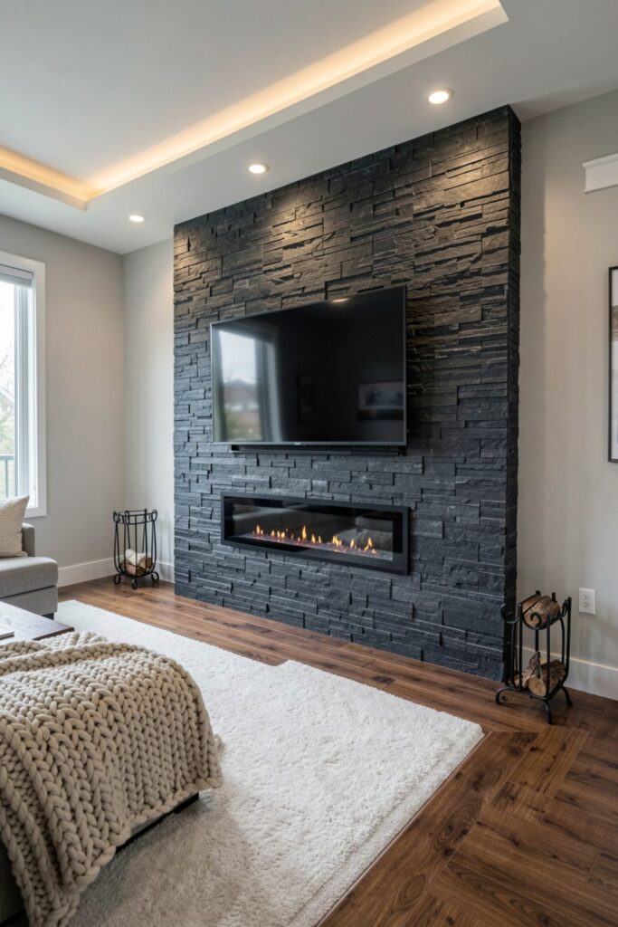 Charcoal Stone Veneer TV Wall With Linear Fireplace Base