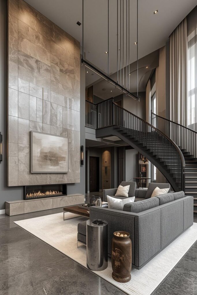 Charcoal and Sand Double Height Living Room With Linear Fireplace