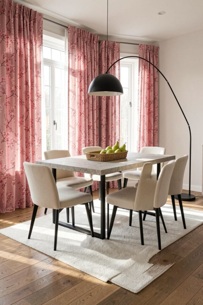 Cherry Blossom Pink Drapes with Black Arc Floor Lamp Glow