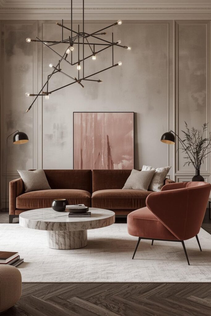 Chocolate and Blush Living Room With Sculptural Coffee Table