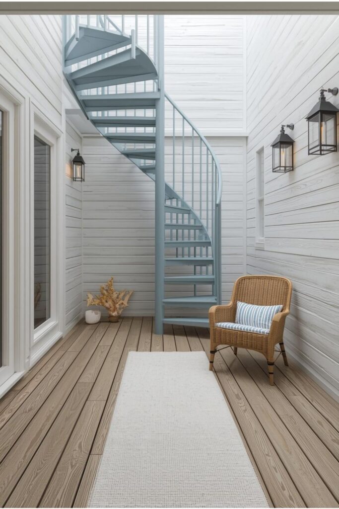 Coastal Courtyard With Driftwood Deck and Soft Blue Spiral Accent