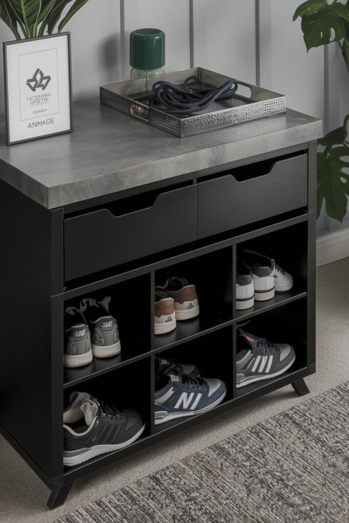 Concrete-Effect Top Cabinet With Black Drawers And Open Bays