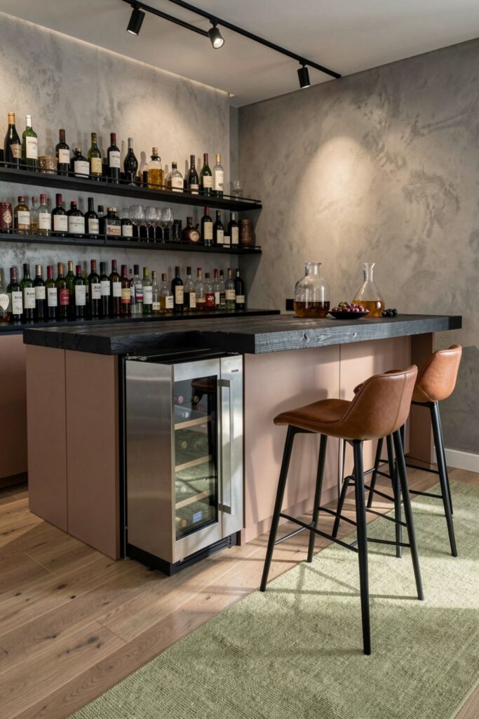 Contemporary Bar with Blackened Wood Top and Wine Drawer Cooling