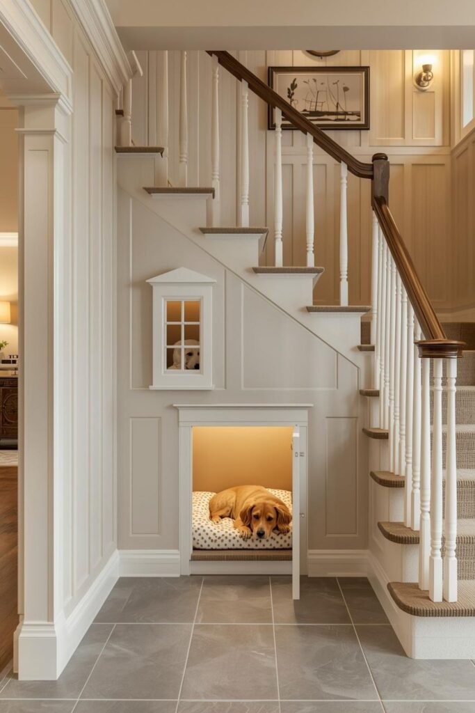 Cottage-Inspired Dutch Door Under Stairs With Window Pair