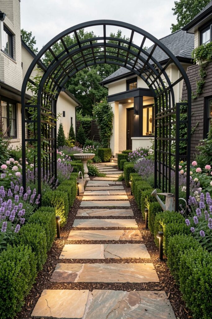 Cottage-Modern Garden With Arch Trellis and Layered Flower Beds