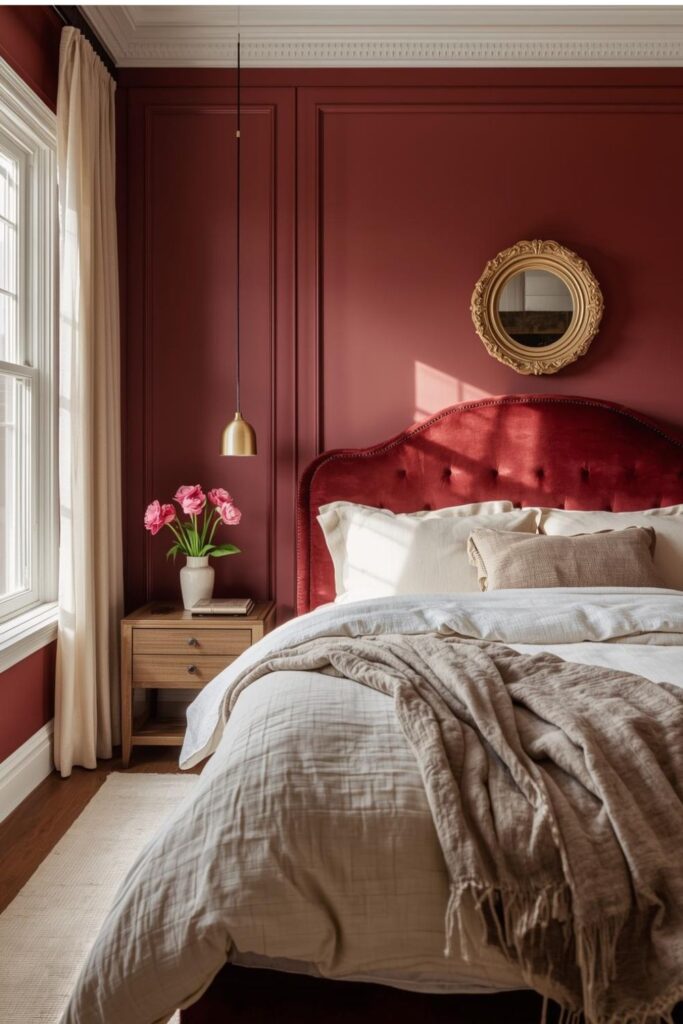 Cozy Burgundy Bedroom with Warm Lamps, Velvet, and Classic Molding