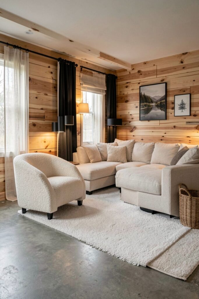 Cream Bouclé Accent Chair With Knotty Pine Feature Wall