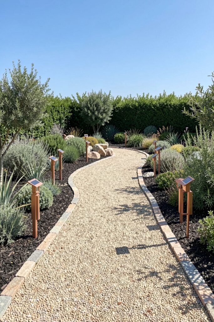 Curved Gravel Path Garden With Lantern-Style Solar Stakes