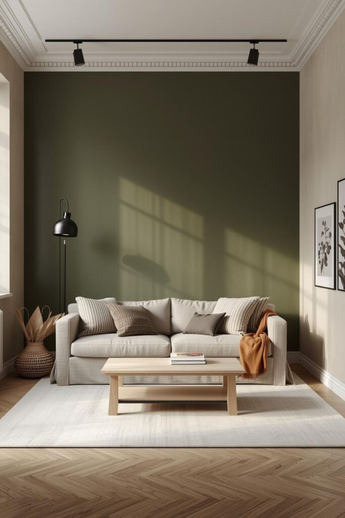 Deep Olive Accent Wall With Linen and Light Ash Wood