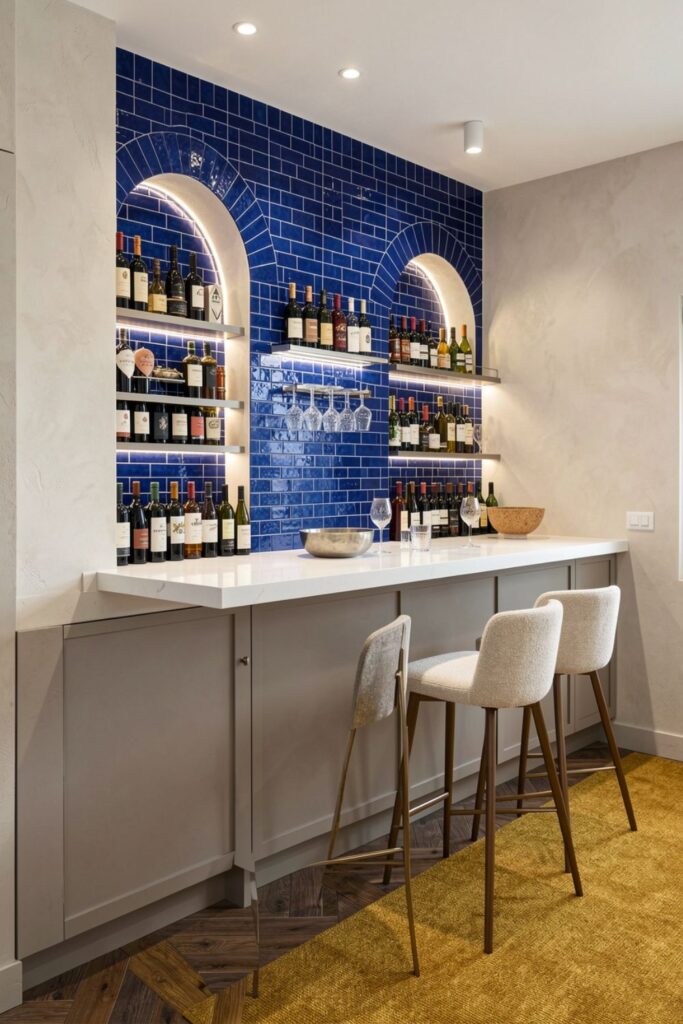 Deep Sapphire Tile Bar with Arched Niches and Quartz Counter