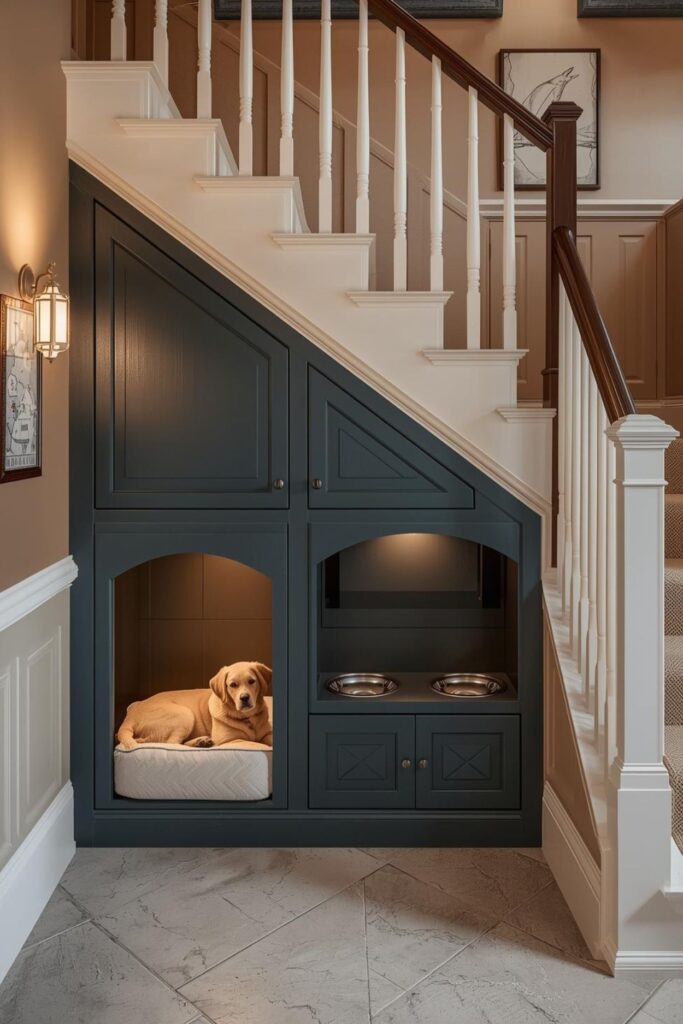 Deep Teal Under Stair Dog House With Built-In Feeding Station