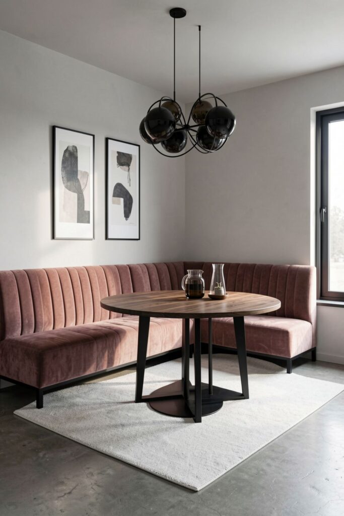 Dusty Rose Velvet Banquette with Black Globe Chandelier Drama