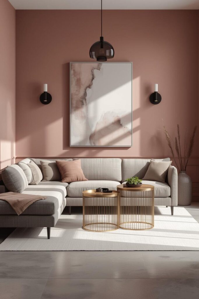 Dusty Rose With Soft Gray Seating and Brass Warmth