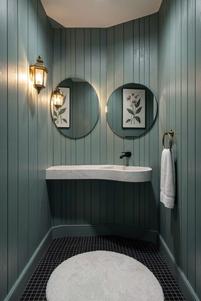 Dusty Teal Paneling With Antique Gold Lantern Sconce