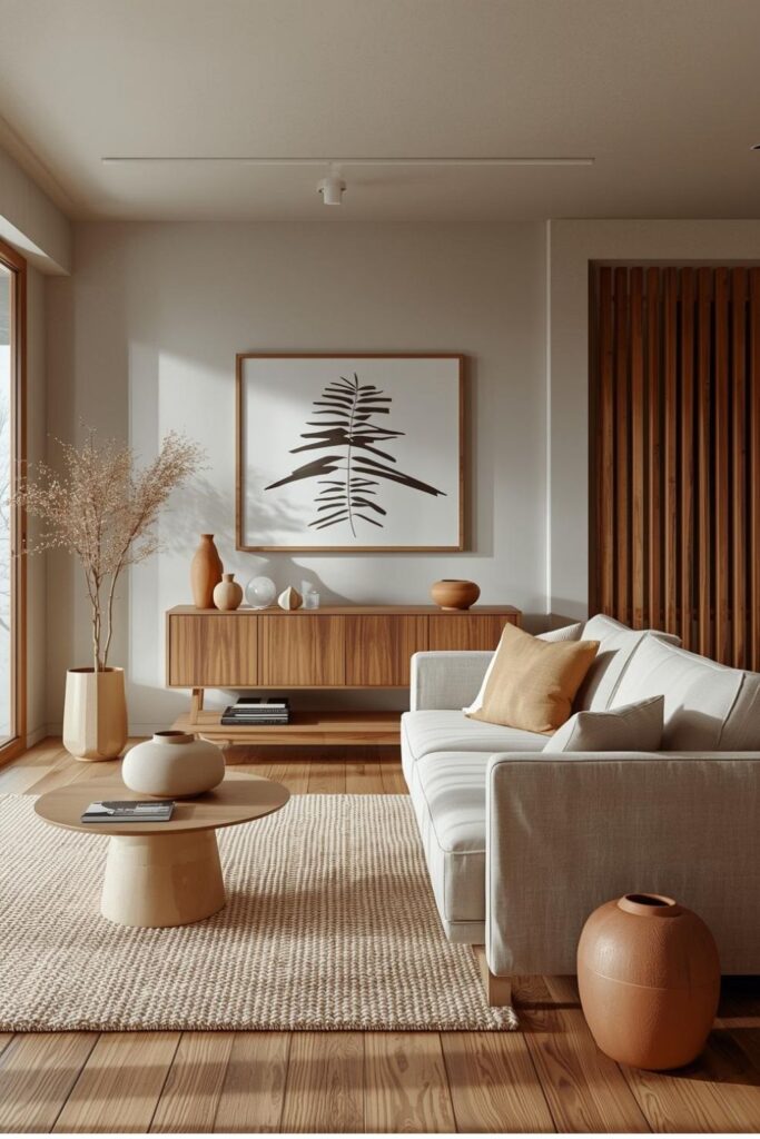 Earthy Neutral Palette With Walnut Accents And Stoneware Decor