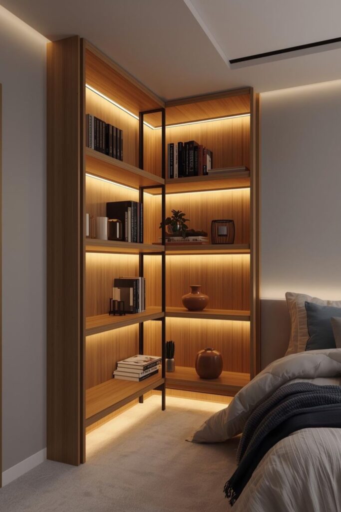  Bamboo Corner Bookshelf With LED Under-Shelf Task Glow