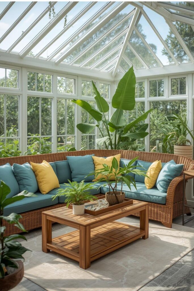 Elegant Indoor Greenhouse Lounge Decor with Wicker Sofa and Sunny Accents