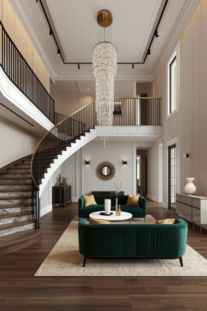Emerald and Cream Two-Story Living Room With Velvet Curves
