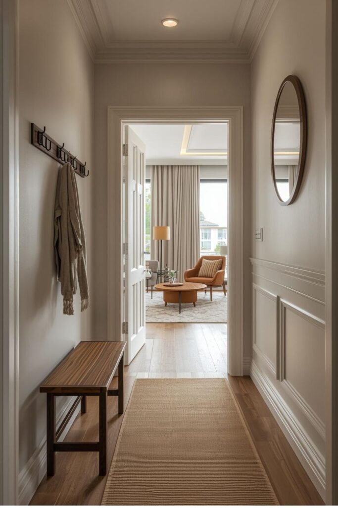 Entry-to-Living Drop Zone with Hooks, Bench, and Mirror