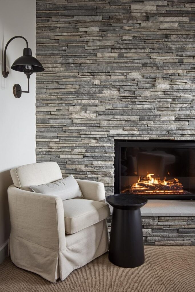 Fireplace Reading Corner With Cream Swivel And Stone Surround