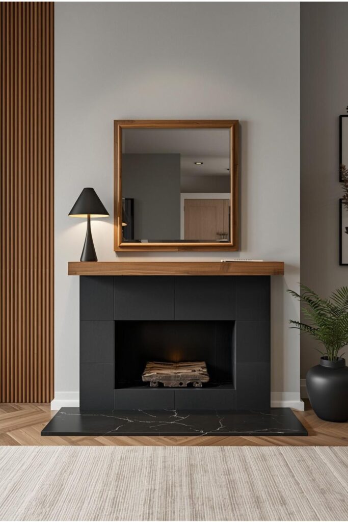Fluted Wood Mirror With Matte Black Hearth for Architectural Texture