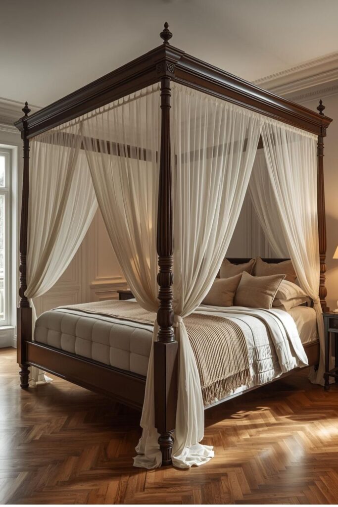 Four-Poster Victorian Bed with Sheer Canopy for Gentle Drama