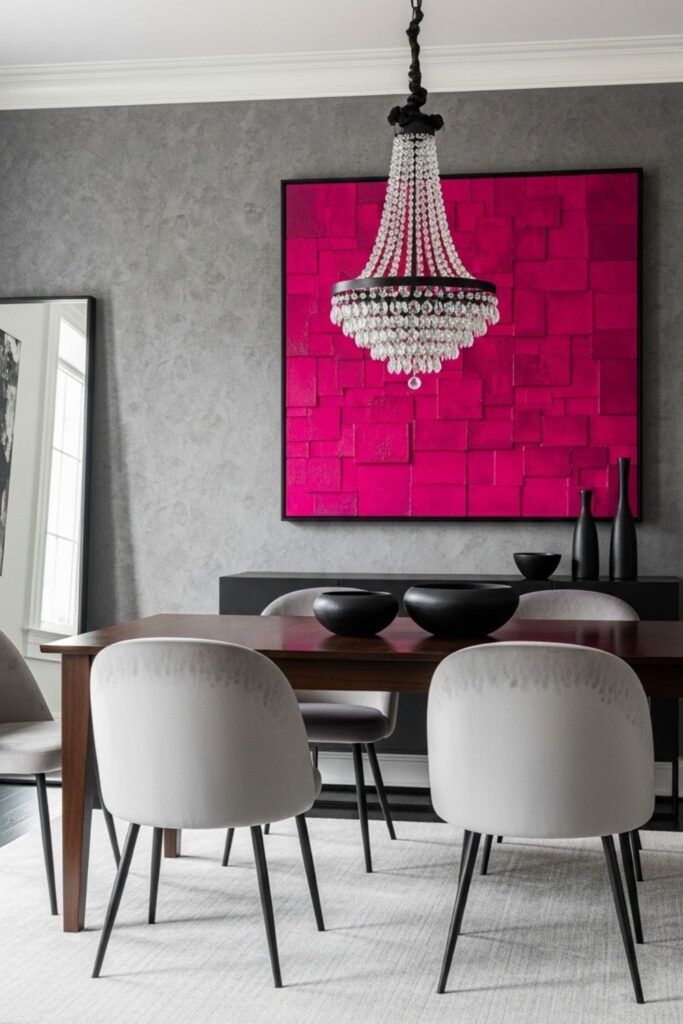 Fuchsia Art Pop with Graphite Walls and Crystal Teardrop Light