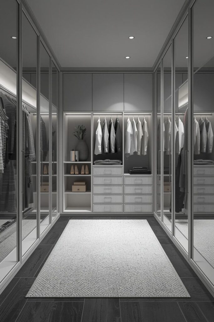 Glass-Front Wardrobes with Color-Blocked Sections and Drawer BaseThis concept feels like a boutique because your wardrobe becomes a curated display without being dusty. Black oak framing adds structure, and the cool white interior keeps the view crisp. It suits collectors and minimalists alike: you can scan outfits instantly, drawers hide smaller items, and the glass doors protect fabrics while encouraging you to maintain a consistent, tidy layout.