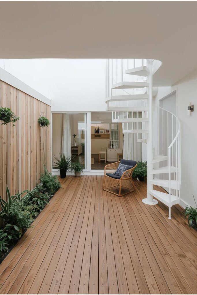 Glass-Roof Atrium Courtyard With Ash Deck and White Spiral Stai