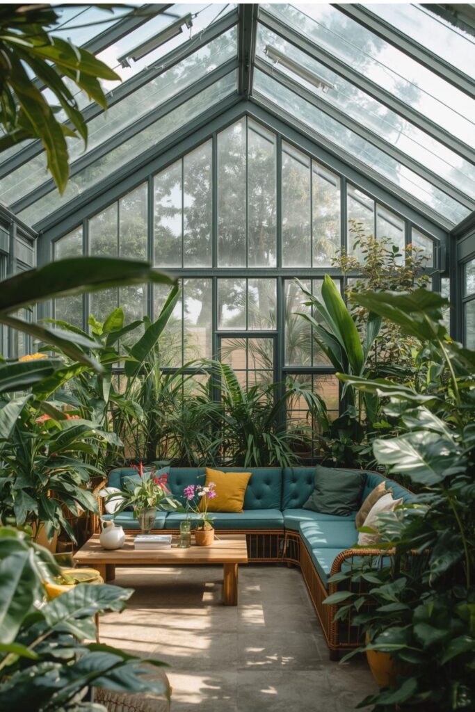 Glass Roof Conservatory Living Room with Lush Indoor Plants and Wicker Sofa