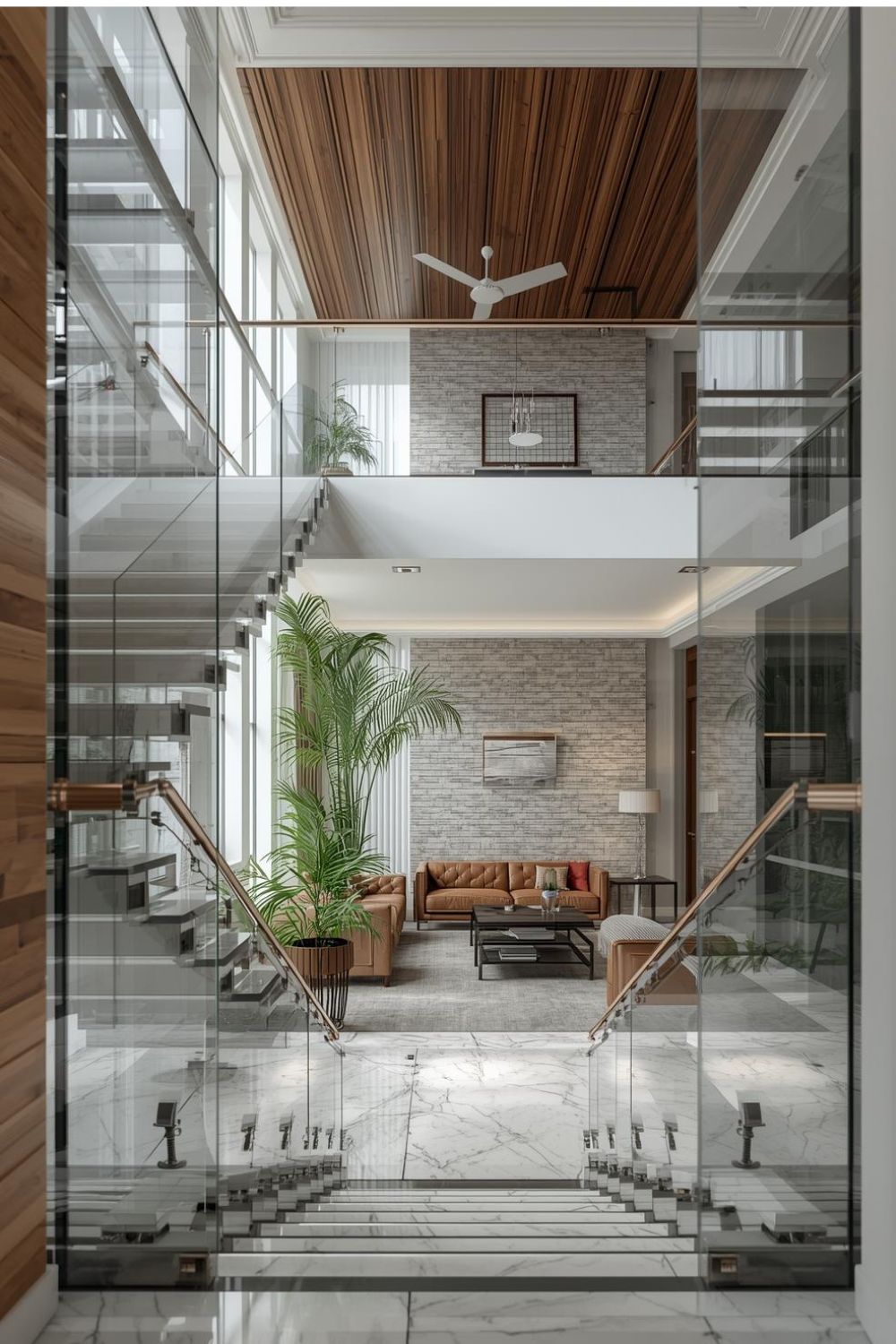 Luxury Double-Height Living Room with Marble & Warm Wood