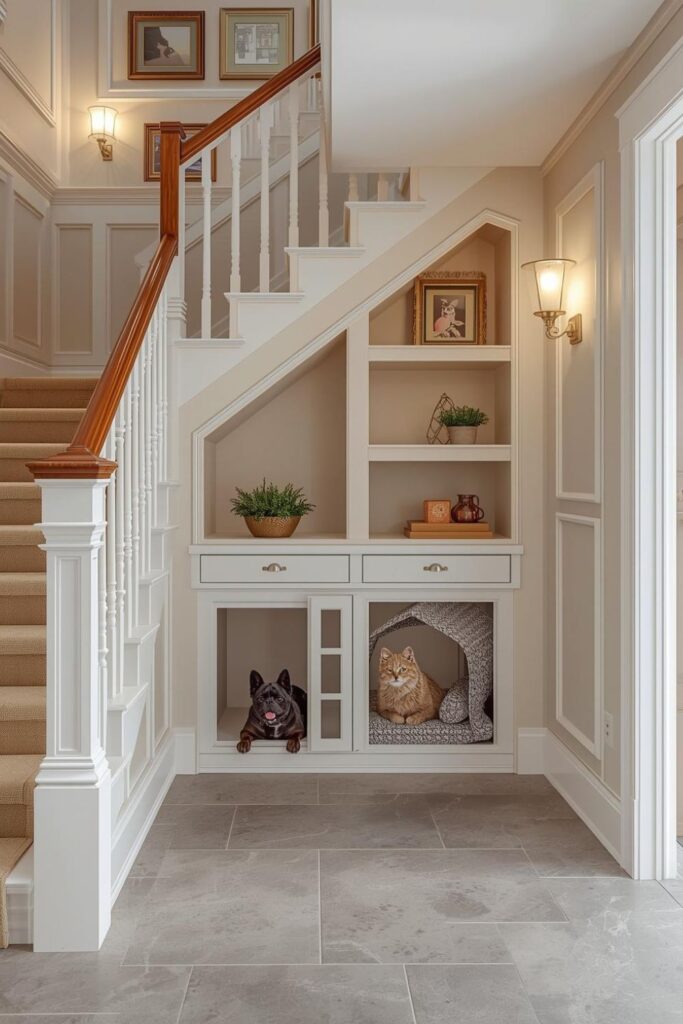 Glass-Windowed Dog House With Library-Style Under-Stair Shelving