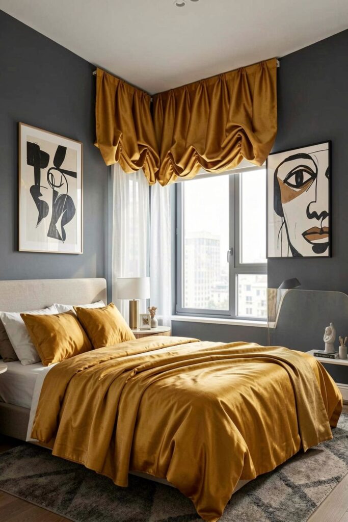 Golden Ochre Silk Balloon Valance with Graphic Modern Art Wall