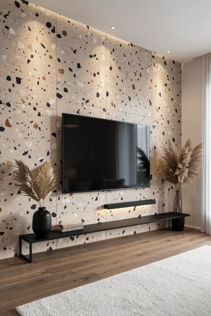 Graphic Terrazzo TV Wall With Slim Black Ledge