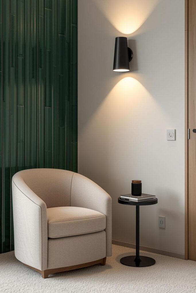 Green Tile Accent Nook With Cream Barrel Chair